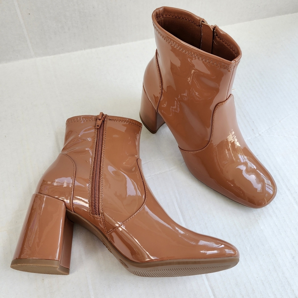 Madden NYC Caramel Tan Patent Leather Side Zip Block Heeled Almond Toe Bootie - Picture 3 of 15